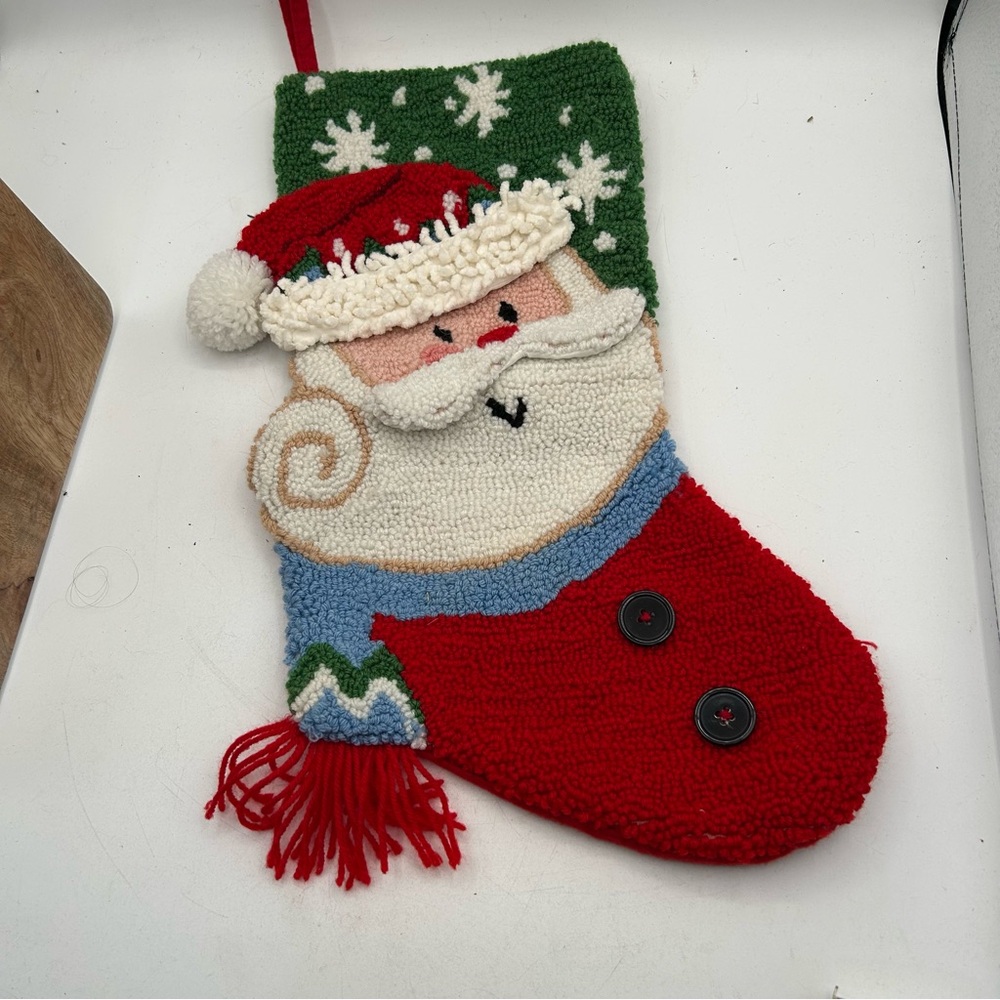 Festive Santa Christmas Stocking with Graphic knitted Santa with scarf